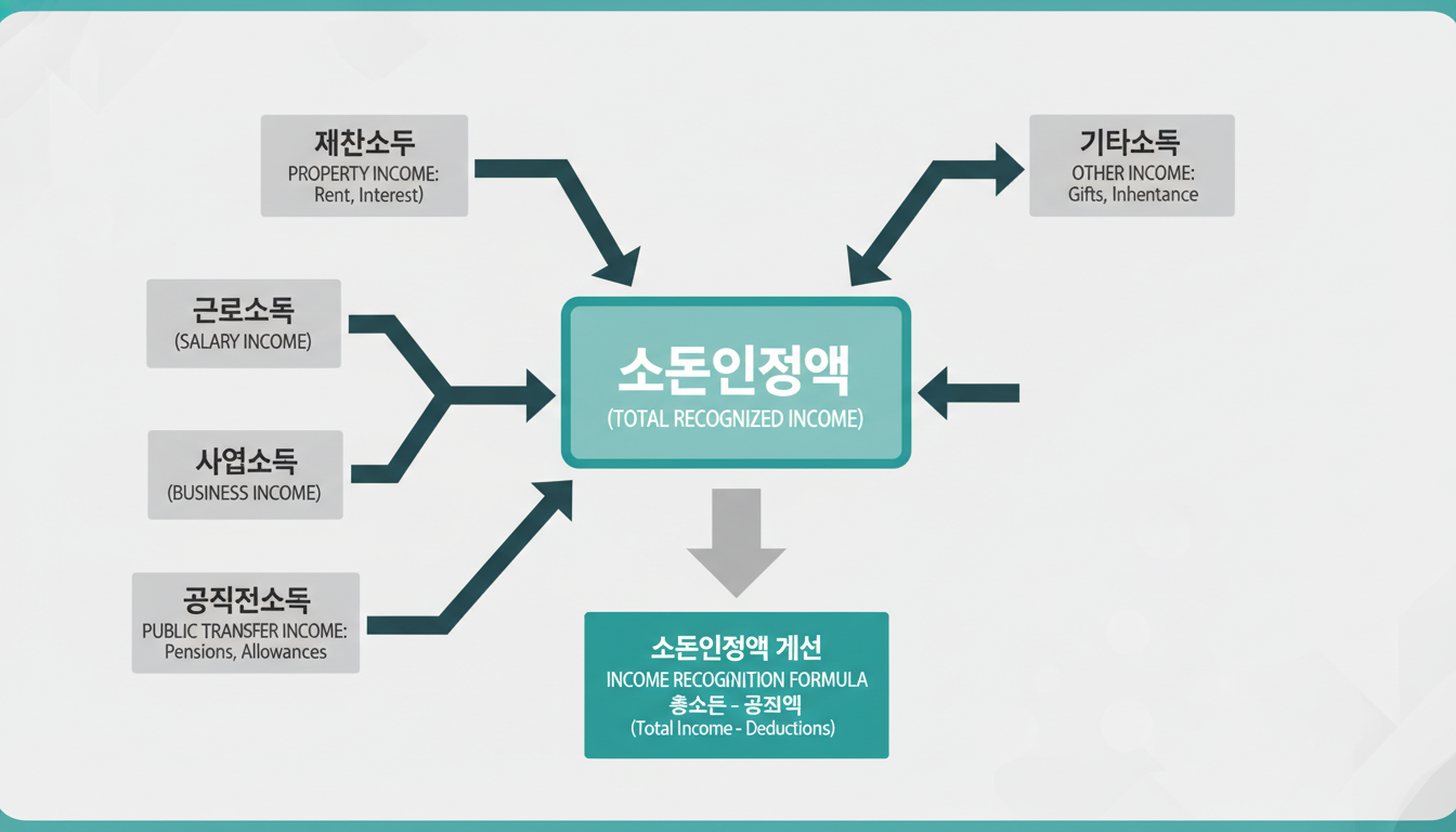 소득인정액 계산 과정을 시각적으로 보여주는 깔끔한 인포그래픽