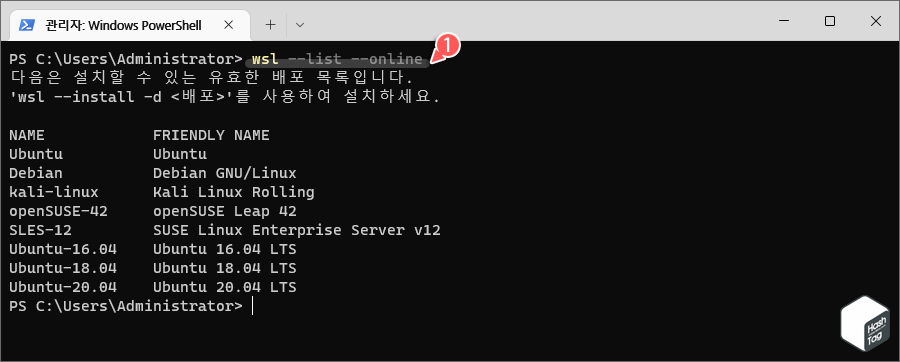 현재 설치 가능한 WSL 배포 목록