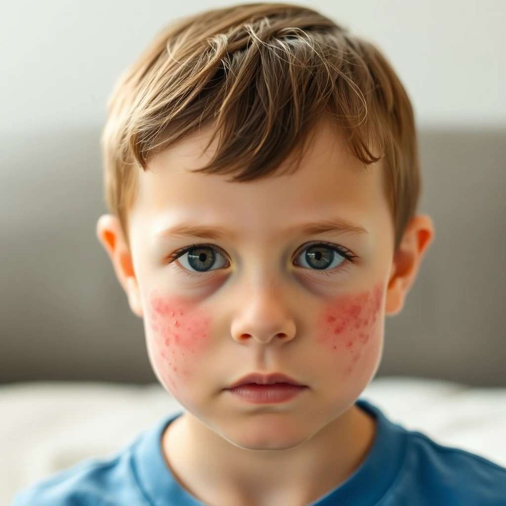 알레르기 인해 얼굴에 발진이 난 어린아이의 이미지