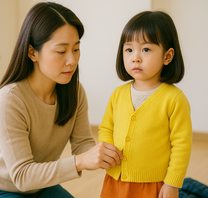 꽃샘추위 감기 예방으로 옷을 겹겹이 입히는 모습