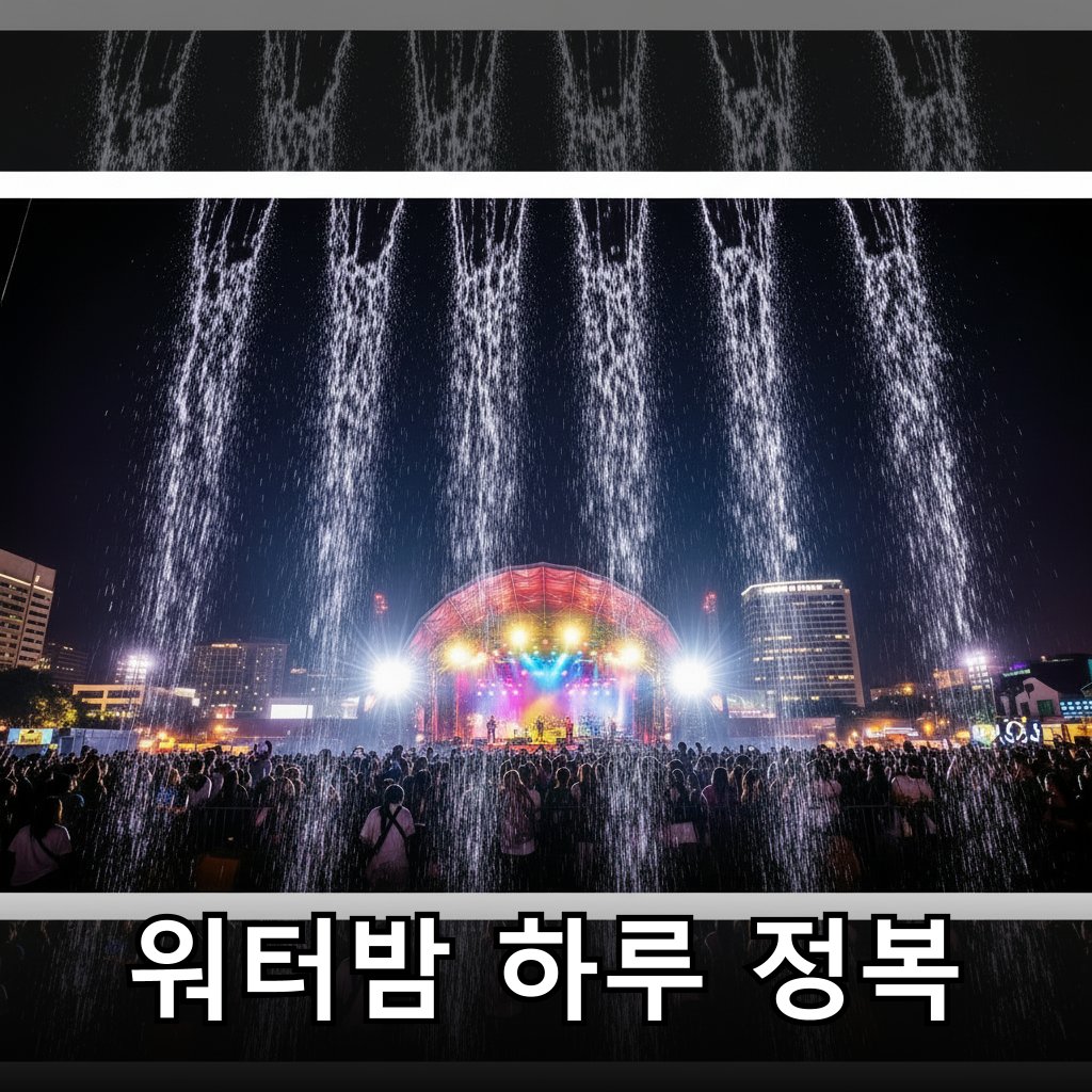강렬한 조명 아래 물줄기가 쏟아지는 페스티벌 현장