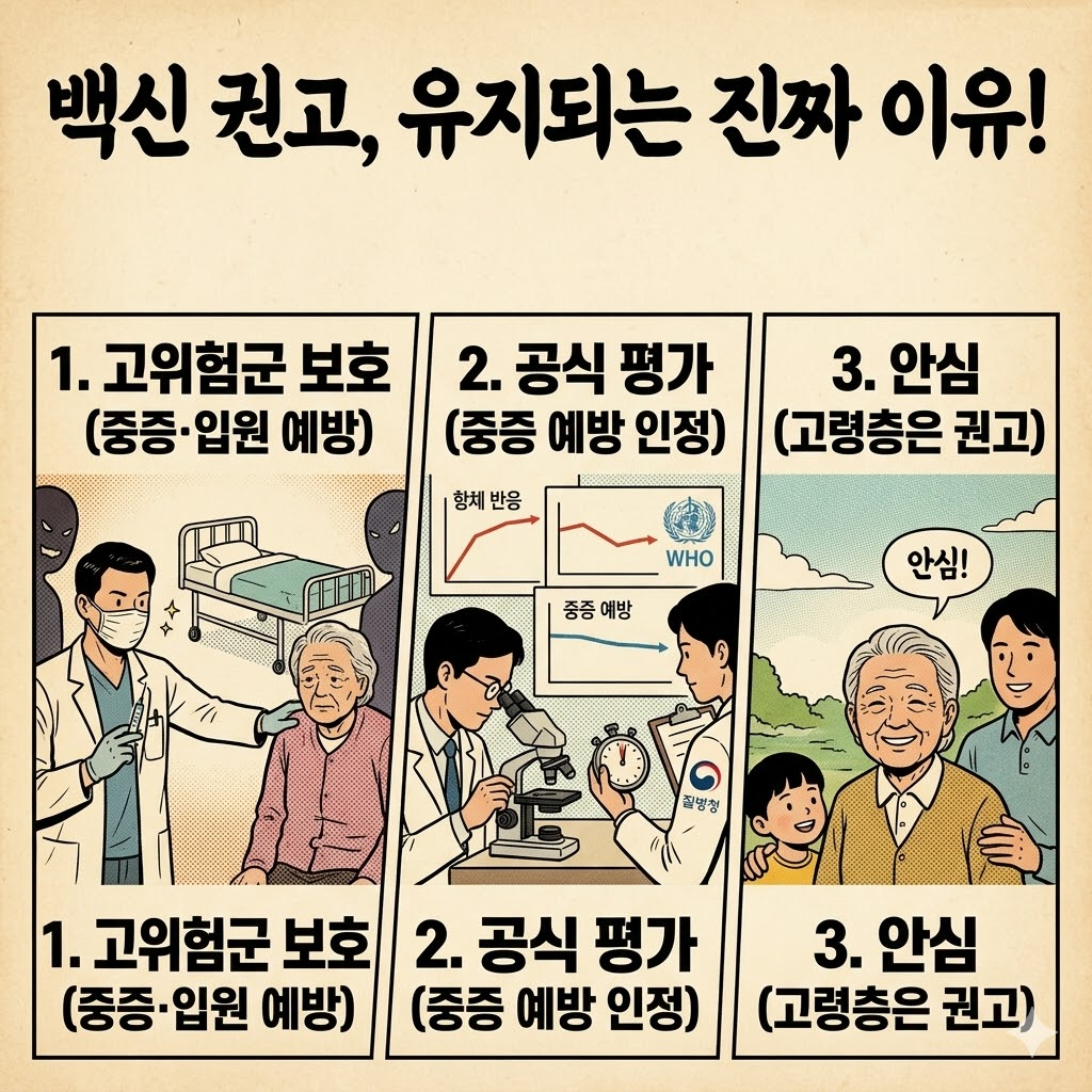 코로나 백신 권고가 유지되는 이유를 설명한 인포그래픽, 고위험군 보호&middot;공식 평가&middot;고령층 접종 권고를 정리한 내용