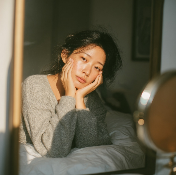 아침에 눈뜨고 얼굴이 부은 여성