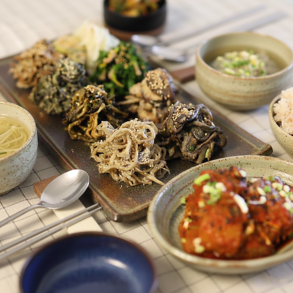 여러가지 나물이 차려진 따뜻한 감성이 느껴지는 밥상차림.