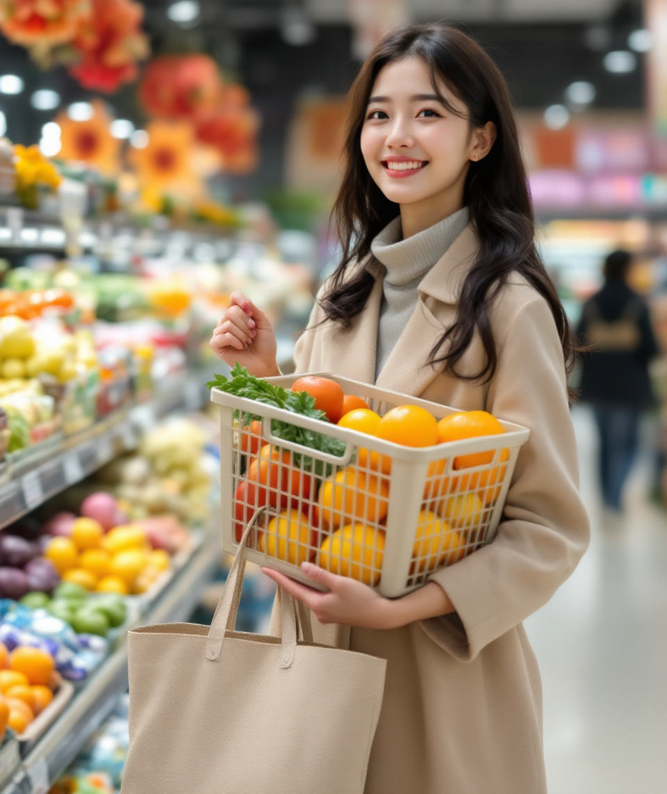 장바구니를 들고 쇼핑 중인 여성