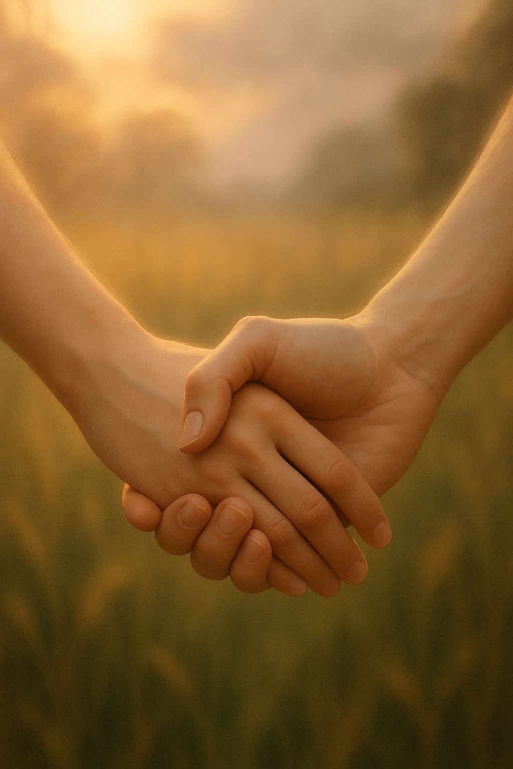 노을 지는 들판에서 서로 손을 맞잡은 연인