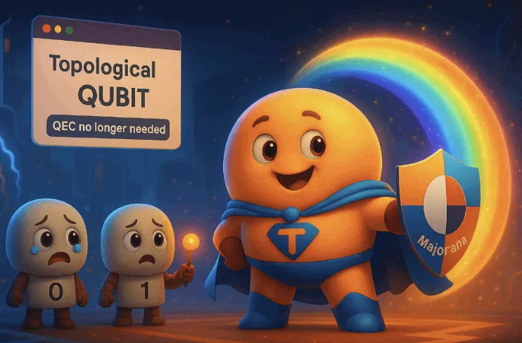 토폴로지 큐비트가 마요라나 방패로 양자 오류를 막는 히어로 일러스트 – 픽사 스타일의 유쾌한 과학 이미지 (Topological qubit hero with Majorana shield stopping quantum error – Pixar-style illustration)