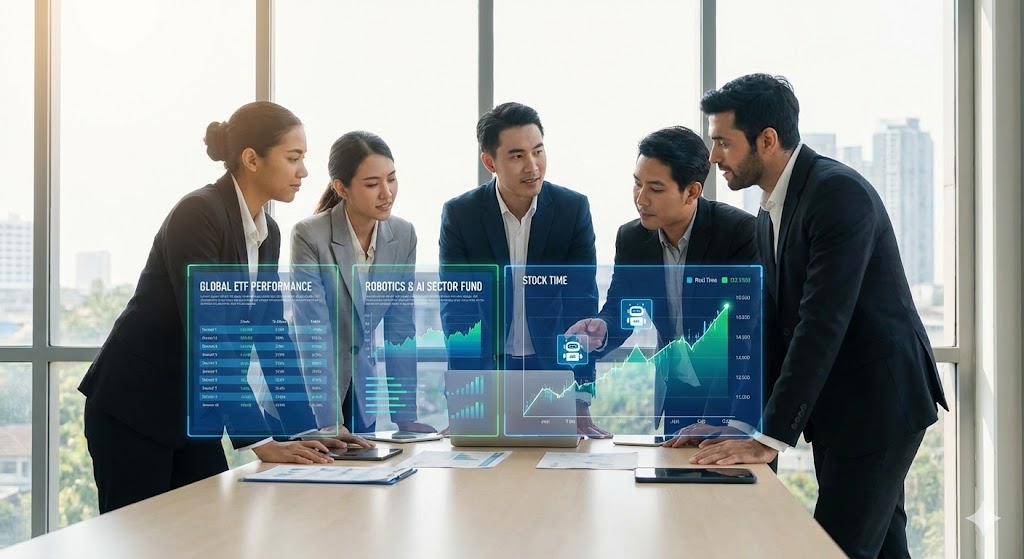 투자자와 판매자들이 모여 ETF 리스트를 분석하고 로봇 테마를 가리키는 전문적인 분위기의 사진