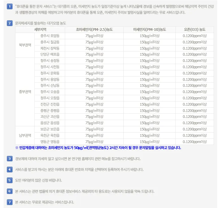무료 대기 경보 미세먼지 서비스 충북 보건환경연구원 알림서비스