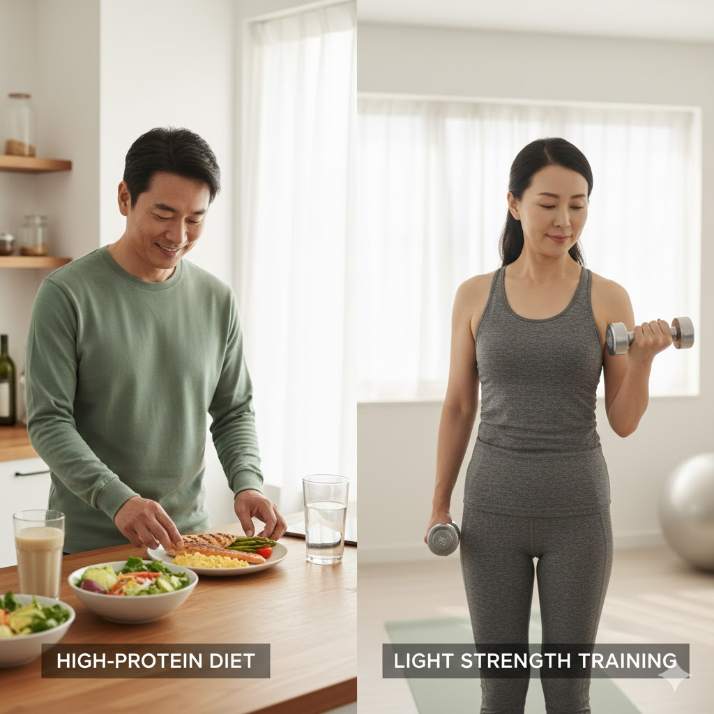 단백질 위주의 식단과 가벼운 근력 운동을 하는 모습