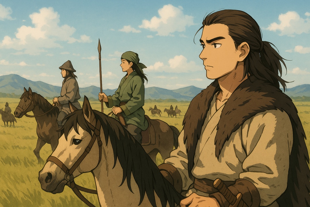 광활한 초원을 배경으로 말을 탄 유목 민족 전사들이 길을 나서는 모습, 배경에는 푸른 산맥과 말 탄 무리가 펼쳐진 평원이 보임.