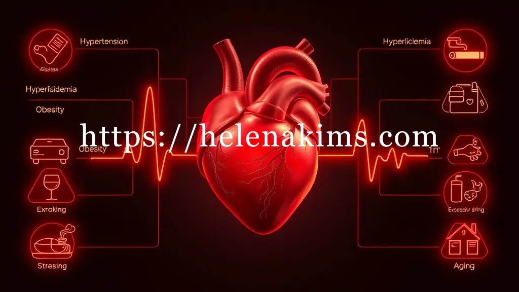 위험에 처한 듯 불안정하게 맥동하는 인체 심장, 심장 주변을 에워싸듯 고혈압, 당뇨병, 고지혈증, 비만, 흡연, 과음, 스트레스, 노화를 상징하는 경고의 각 아이콘들이 심장을 향해 가는 경고선으로 연결되어, 다양한 위험 요소들이 심장에 미치는 복합적인 위협을 상징적으로 표현한 이미지.