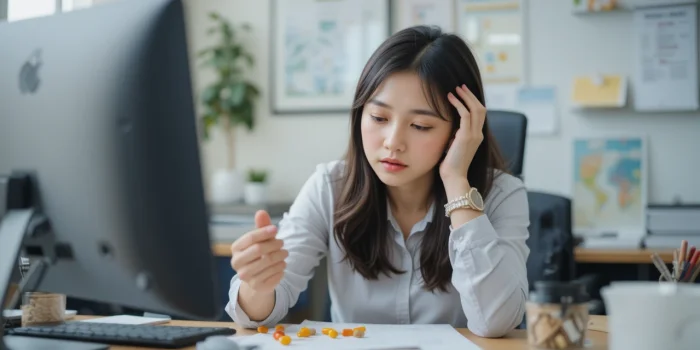 피곤한 모습으로 책상에서 비타민을 찾는 사무직 여성 모습