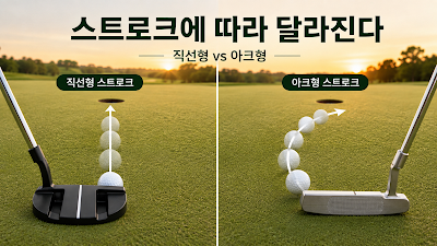 직선형·약한 아크·강한 아크 퍼팅 스트로크와 퍼터 선택 기준을 설명하는 이미지