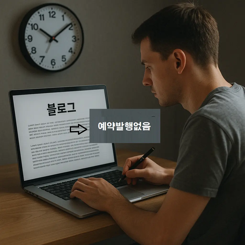 노트북 앞에 앉아 블로그 글을 직접 작성 중인 남성, 화면에는 '예약 발행 없음'이라는 문구가 표시되고 벽시계가 빠르게 흐르는 장면