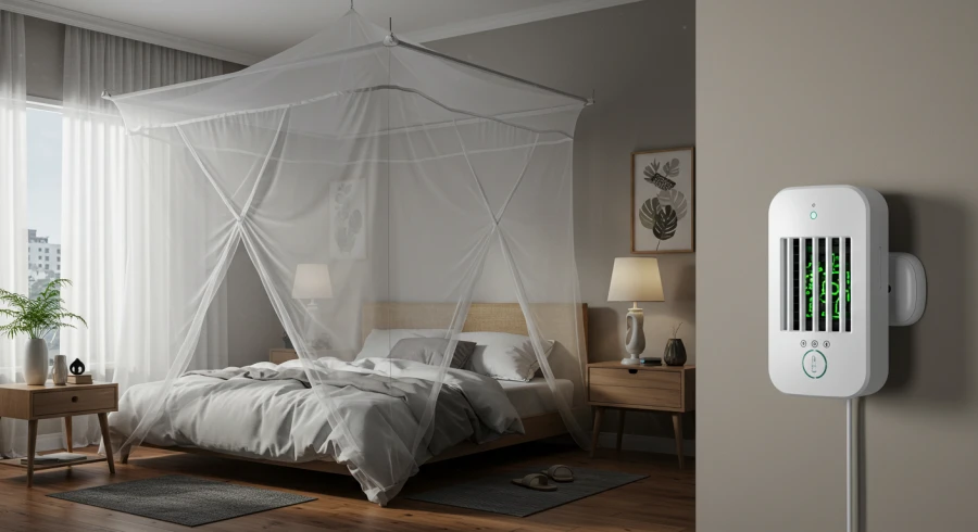 침실에 모기장, 모기 퇴치기를 설치한 모습