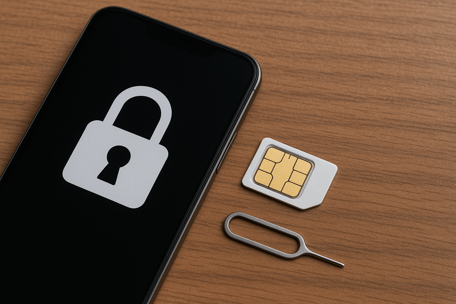 이 이미지는 스마트폰 유심 잠금 해제와 관련된 주제를 시각적으로 표현한 구성입니다.

왼쪽에는 화면에 자물쇠 아이콘이 표시된 스마트폰이 배치되어 있어 '잠금 상태'를 상징적으로 보여줍니다.

오른쪽에는 금색 칩이 보이는 나노 유심 카드와, 그 아래에는 유심 트레이를 분리할 때 사용하는 유심 핀(이젝터 툴)이 정돈된 형태로 놓여 있어 실질적인 잠금 해제 도구들을 나타냅니다.

따뜻한 느낌의 나무 배경은 안정감 있는 분위기를 주며, 전체적으로 깔끔하고 전문적인 인상을 줍니다.