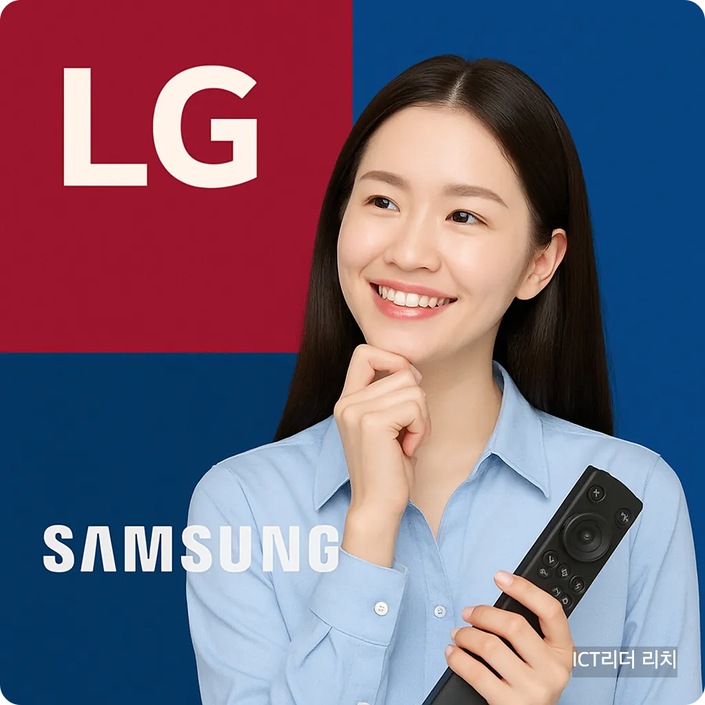 리모컨을 들고 웃는 한국 여성이 LG와 삼성 로고 사이에서 고민하는 모습. 배경은 레드와 블루로 나뉘며 브랜드 로고가 포함됨