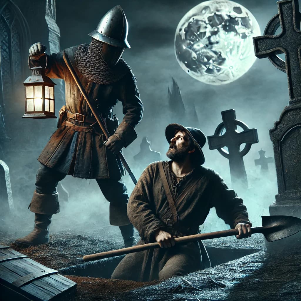 중세 유럽 시체 도둑(Resurrectionists)이 공동묘지에 도굴중에 단속하는 사람에게 들킨 모습