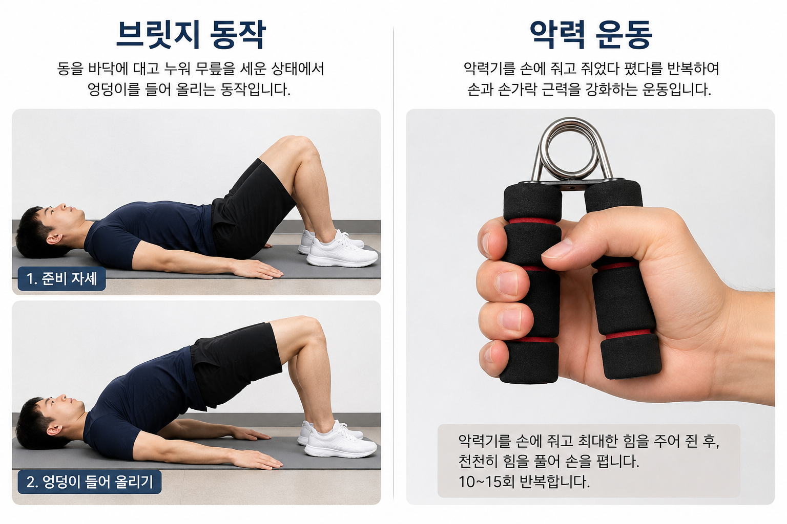 근감소증 예방을 위한 하체 및 둔근 강화 브릿지 운동 자세, 전신 근력 지표 및 인지 기능 향상을 위한 손 악력 훈련