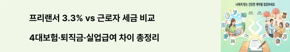 프리랜서 대 근로자: "프리랜서 3.3% vs 근로자 세금 비교 / 4대보험&middot;퇴직금&middot;실업급여 차이 총정리"라는 문구가 포함된 웹배너 이미지. 이 이미지는 프리랜서와 근로자의 세금 구조 및 법적 보호 범위 차이를 시각적으로 전달하며, 블로그의 프리랜서 3.3% 원천징수와 근로소득 비교와 관련된 내용을 설명함
