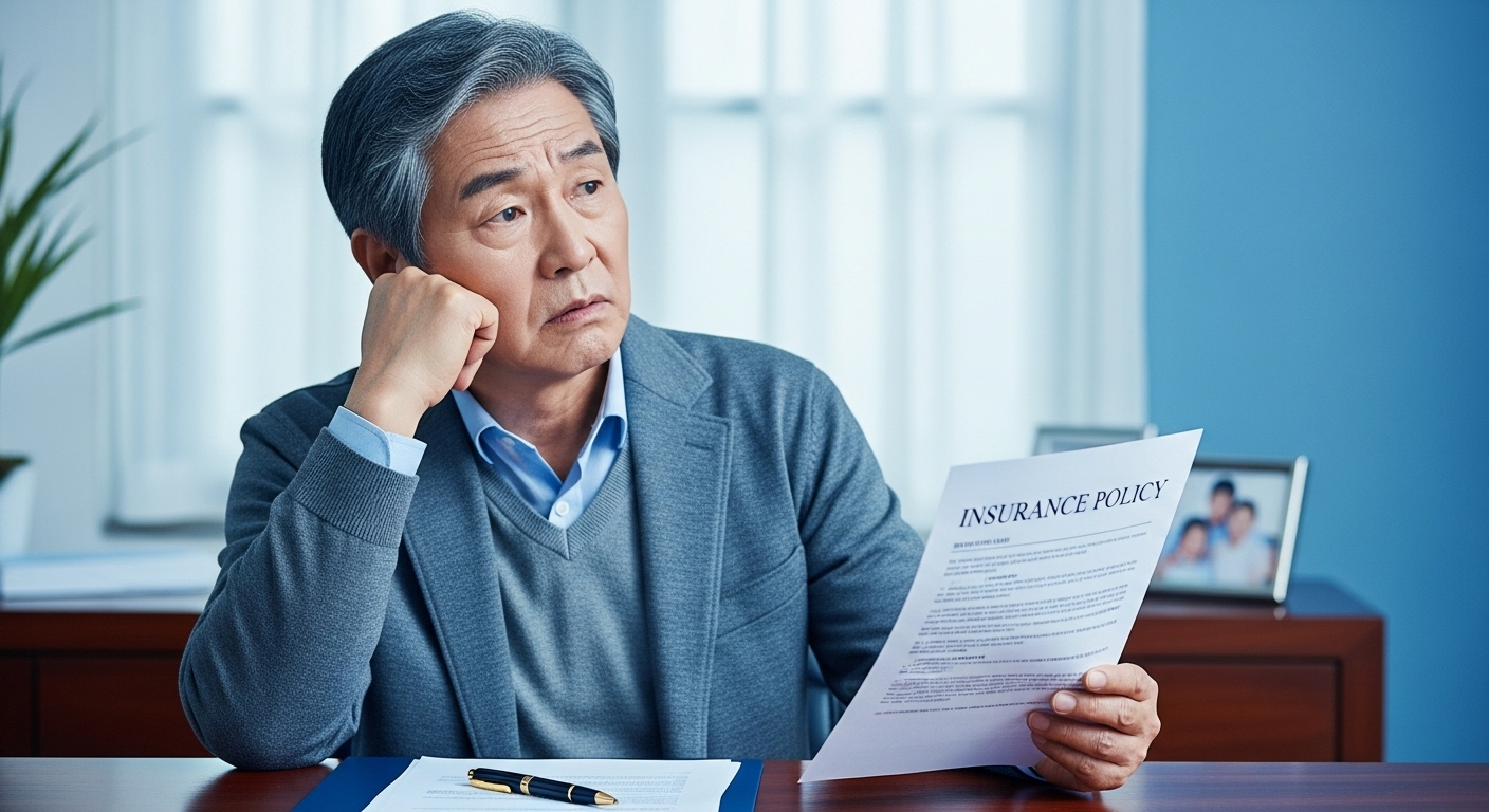 상속 보험 증서를 복잡한 표정으로 살펴보는 어르신, 법률 서류와 펜이 놓인 책상 위에서 해결책을 고민하는 모습.