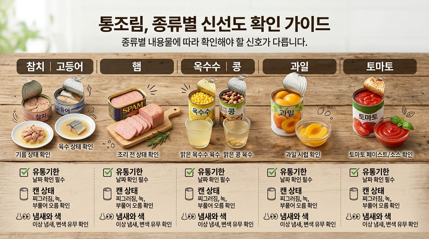 참치캔 햄통조림 과일통조림 채소통조림의 확인 포인트를 비교한 이미지