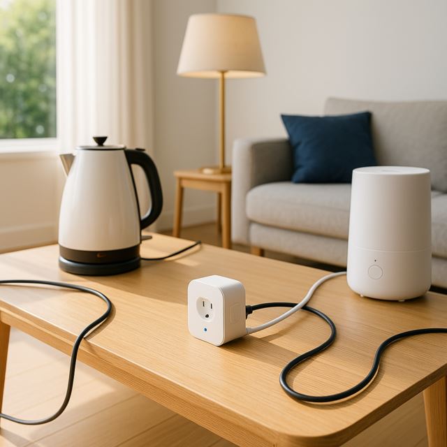 스마트 플러그와 다양한 가전 기기(커피포트, 스탠드, 가습기 등)가 연결된 집안 내부 모습 이미지