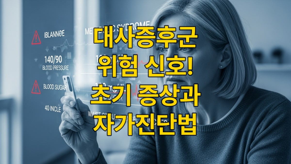대사증후군 진단 기준인 허리둘레, 혈압, 혈당 수치 등을 보며 건강을 염려하는 사람의 모습.