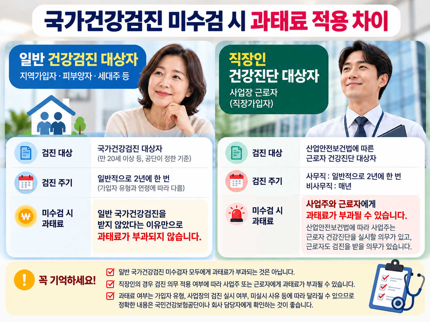 직장인과 일반 건강검진 대상자의 과태료 적용 차이를 설명하는 인포그래픽