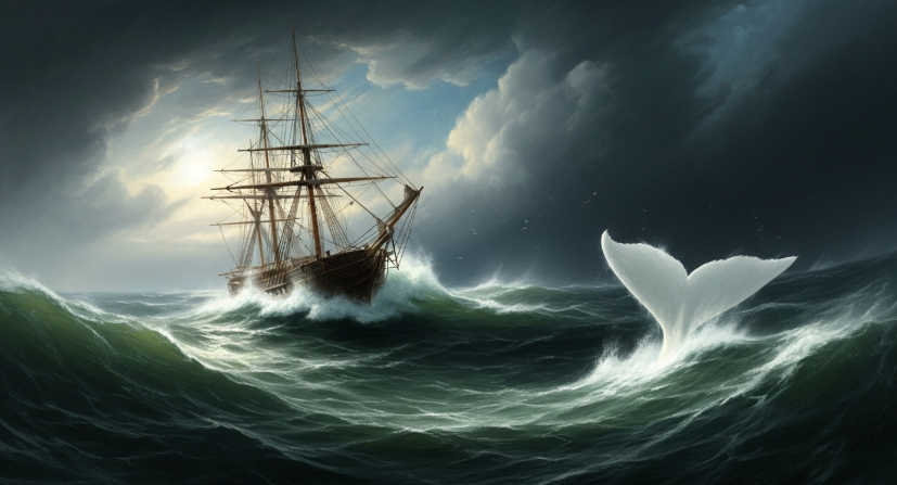 19세기 목조 포경선이 어둡고 폭풍우 치는 바다 위에서 흔들리는 모습을 담은 유화. 거대하고 유령 같은 흰 고래의 꼬리가 격랑 속으로 사라지고 있다. 분위기는 극적이고 불길하며, 거대한 스케일이 느껴진다.