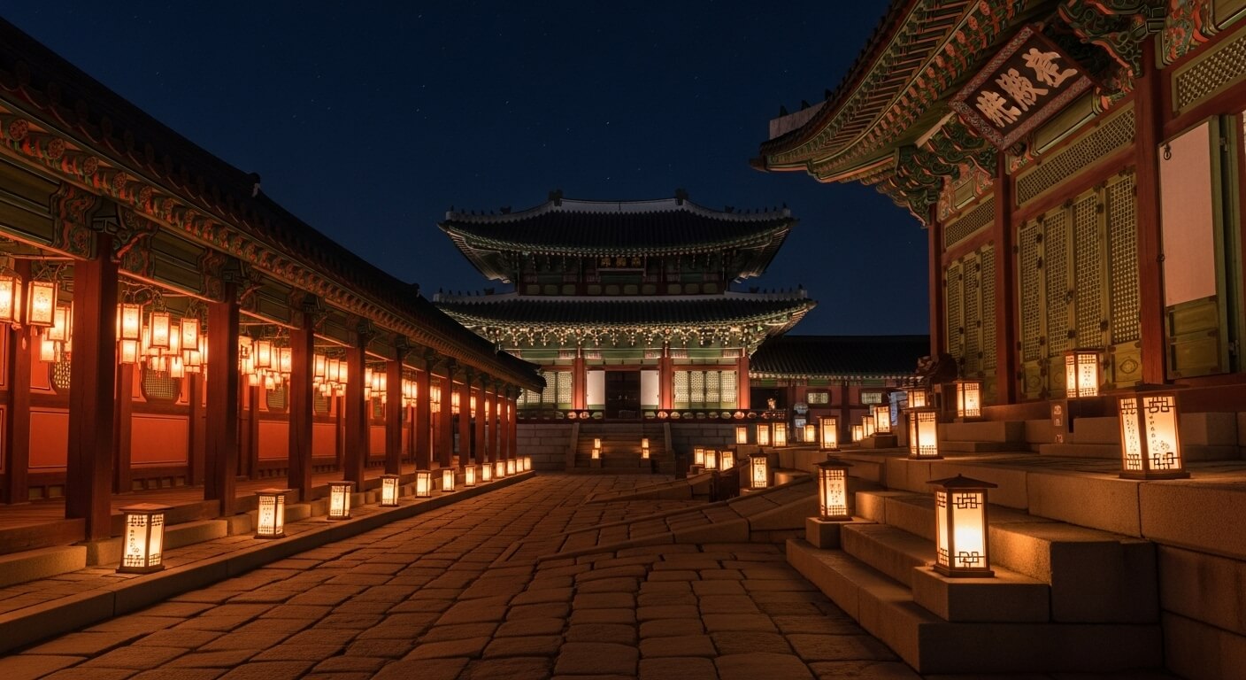 궁궐 복도와 마당을 따라 늘어선 등불 야경