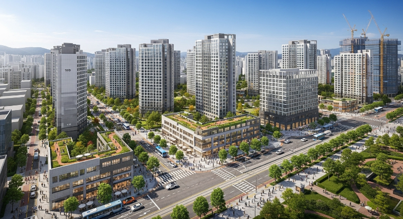 활기찬 한국 도시의 항공 사진, 신규 개발 및 상권 활성화가 돋보이는 유망 투자 지역을 보여줍니다.