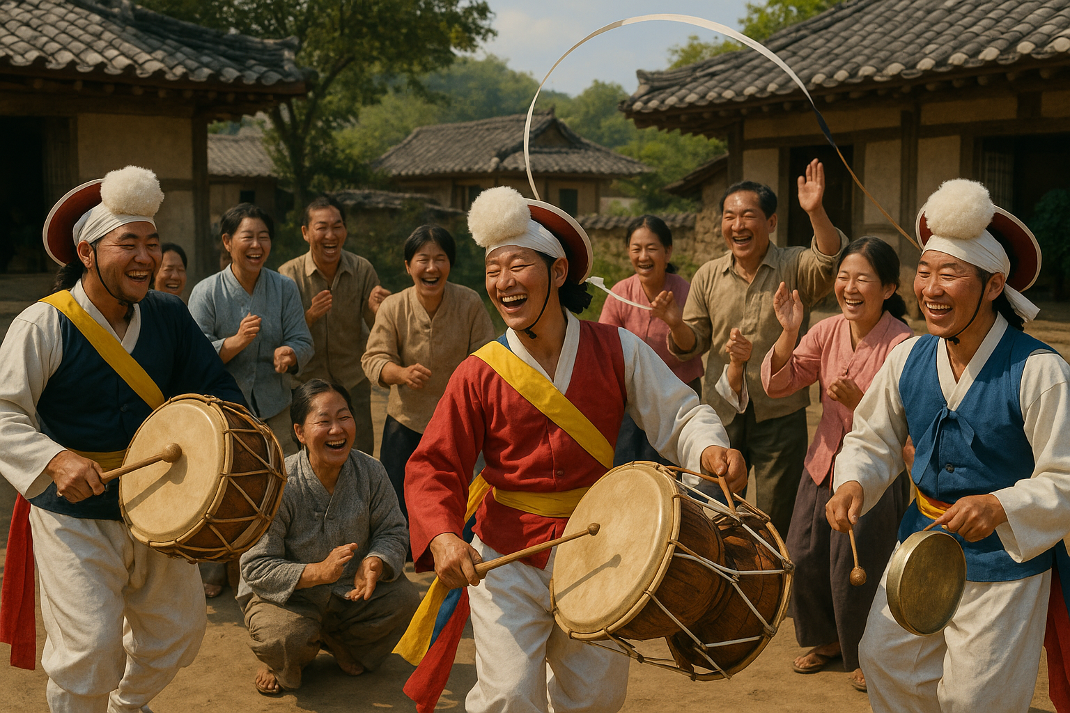 마당에서 농악과 풍물놀이를 즐기는 사람들의 모습