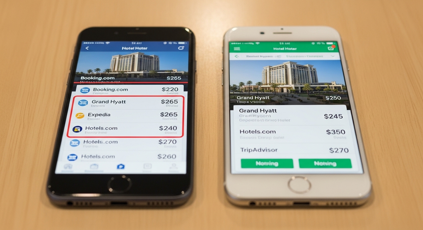 호텔 예약 앱별 가격 비교 및 할인 코드 적용 화면