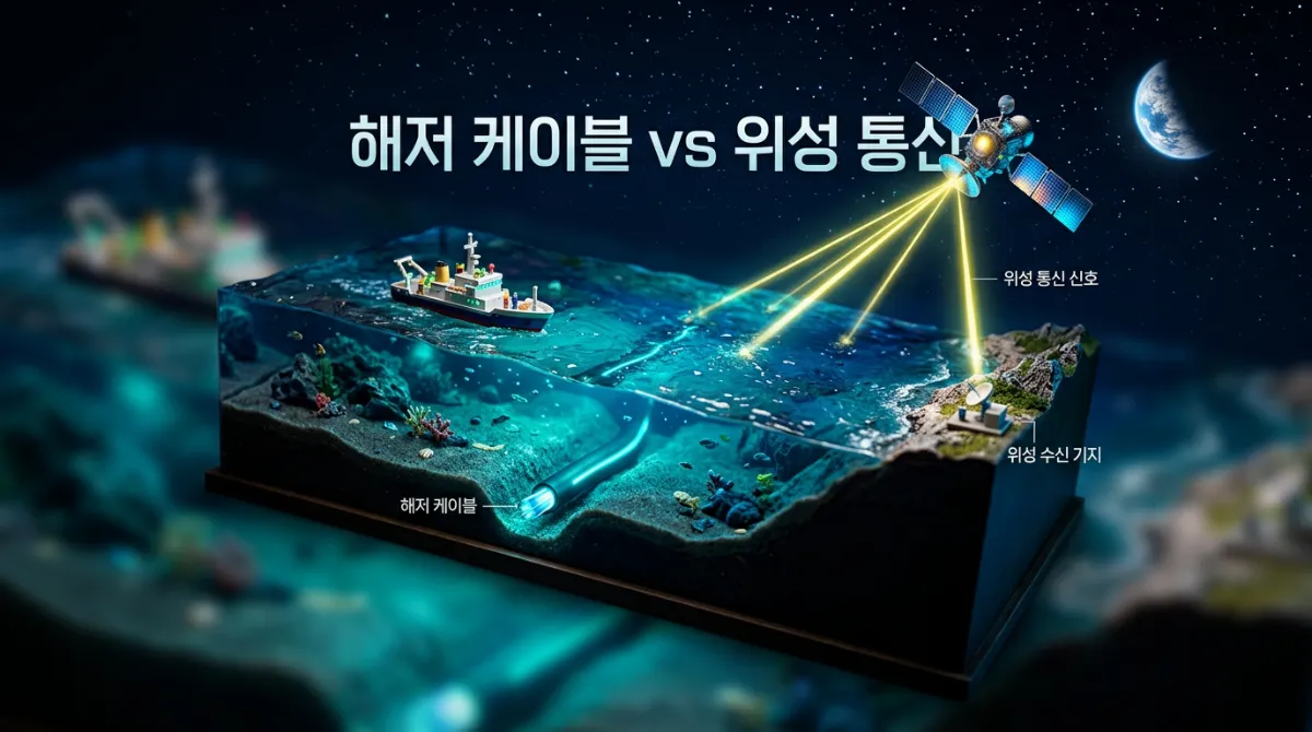 미니어처 디오라마 스타일로 표현된 해저 광케이블과 통신 위성 비교 장면