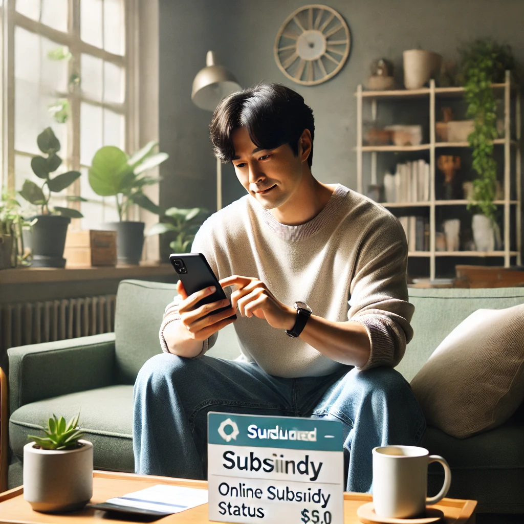 남성이 스마트폰으로 직불금 신청 상태를 조회하는 모습