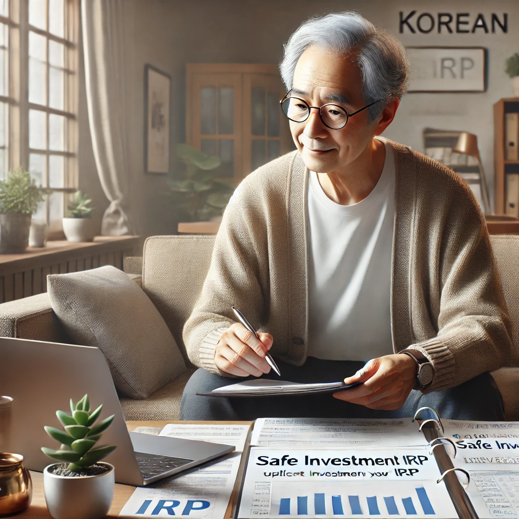 은퇴자(60대)가 거실에서 안전한 IRP 투자 옵션을 검토하는 장면. 테이블 위에 금융 문서와 노트북이 놓여 있으며, 차분하고 사려 깊은 분위기