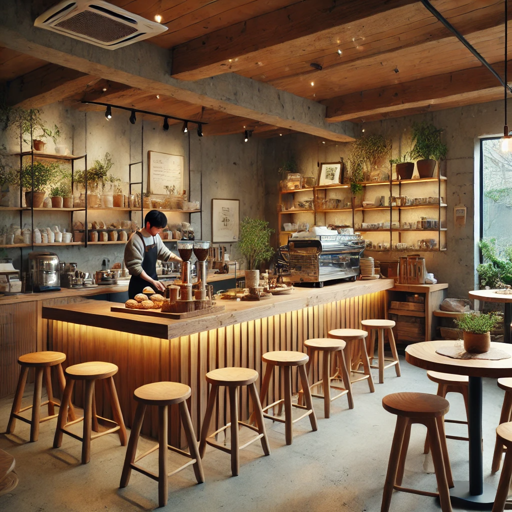 제주도의 따뜻한 조명과 우드 톤 가구로 꾸며진 모던하고 아늑한 카페 내부 모습, 바리스타가 커피를 준비하고 있고 손님들이 편안하게 음료를 즐기는 장면.