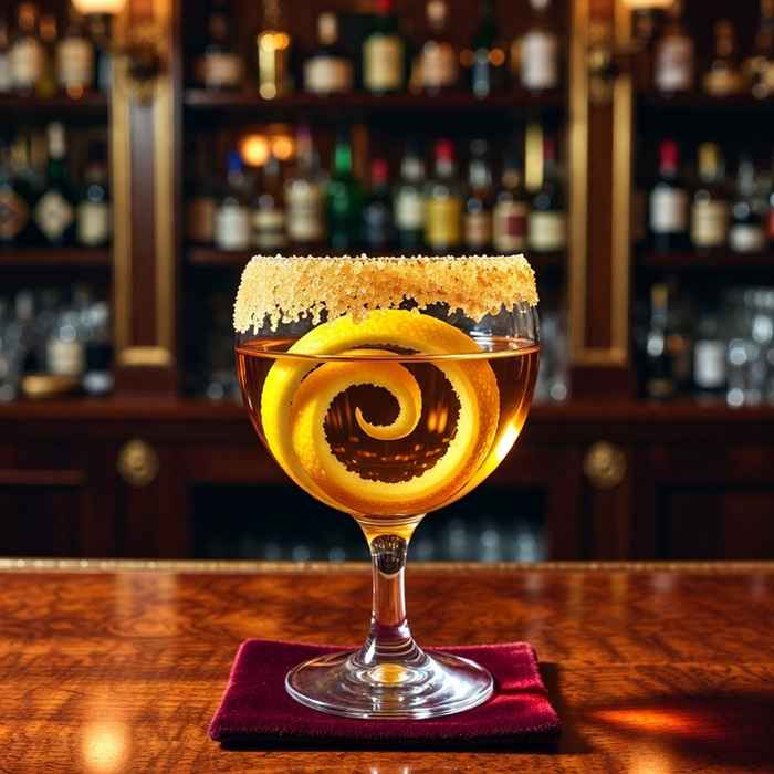 화려한 설탕 림과 커다란 레몬 껍질이 특징인 고전적인 브랜디 크러스트 완성 사진