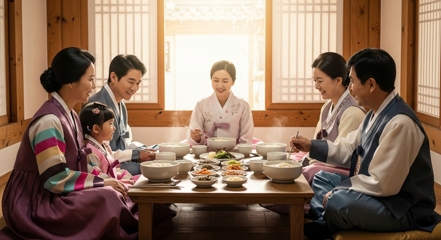 설날 아침 가족들이 모여 떡국을 나누어 먹는 모습