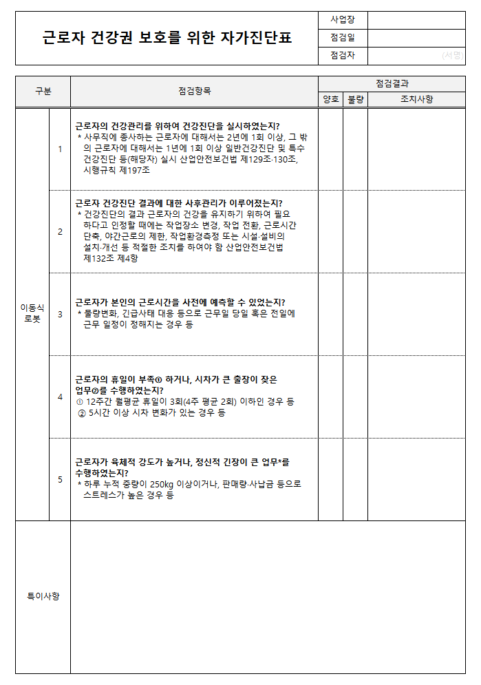 근로자 건강권 보호를 위한 자가진단표