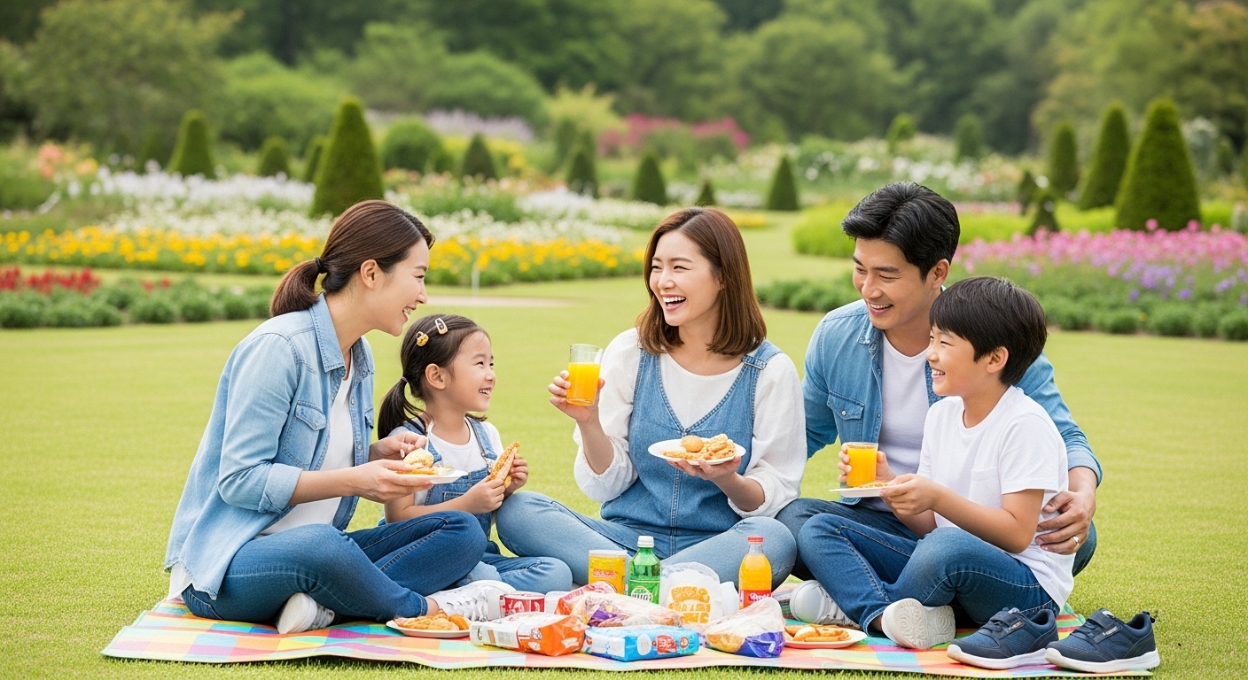 화담숲 아름다운 정원에서 피크닉을 즐기는 가족의 행복한 모습