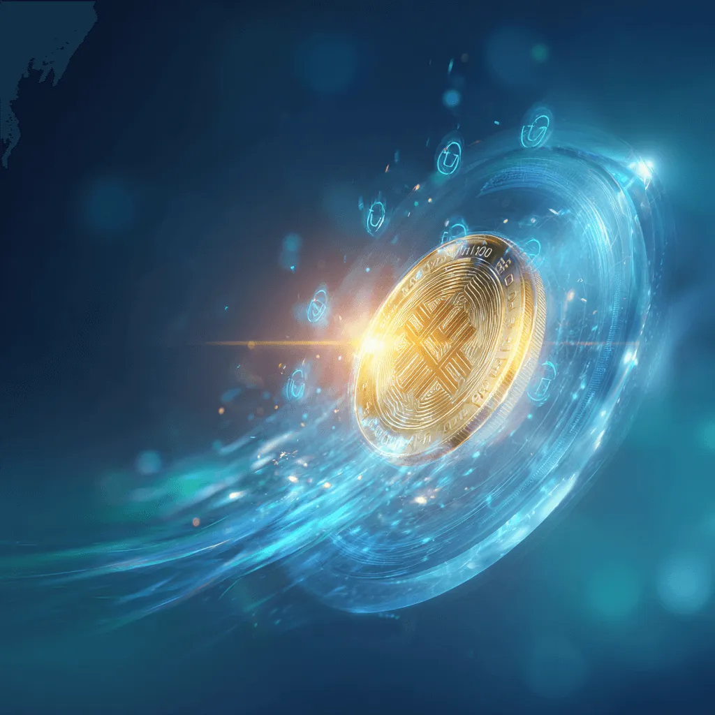 원화스테이블코인: 디지털 방패가 원화 코인을 보호하고 오른쪽으로 화살표가 뻗어나가는 이미지. 스테이블 코인의 보안성과 미래 성장 가능성을 표현 (Security&#44; Future Growth&#44; Risk Management).