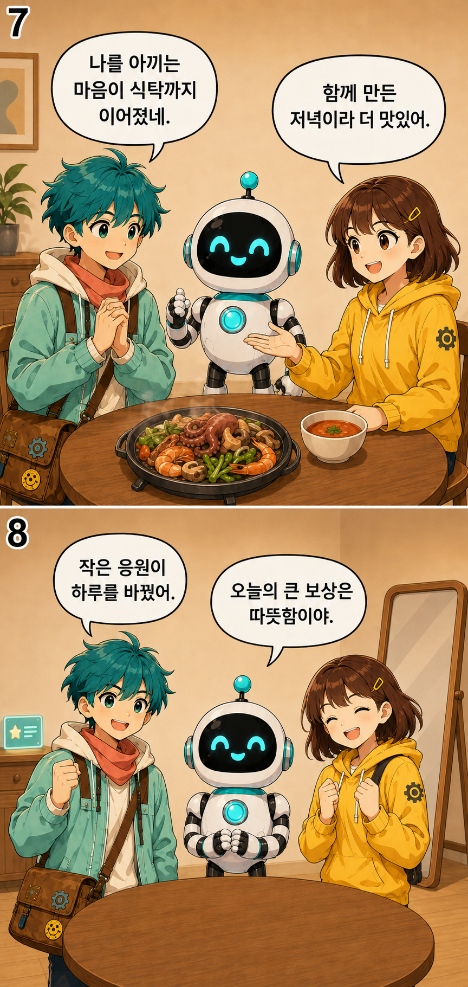 따뜻한 저녁을 함께 먹으며 작은 보상과 셀프케어의 의미를 나누는 친구들