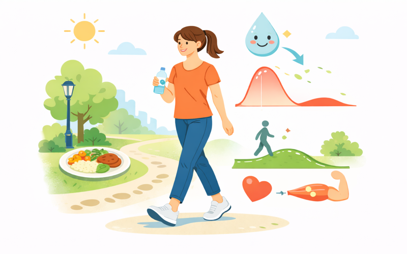 식후 산책이 혈당 스파이크를 완화하고 혈당 관리에 도움 되는 건강 습관 일러스트