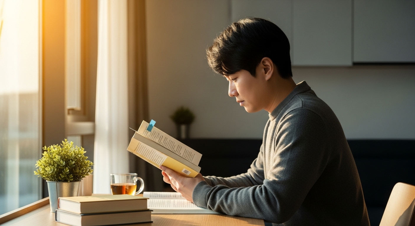 정돈된 책상에 앉아 책에 깊이 몰입하고 있는 사람의 모습