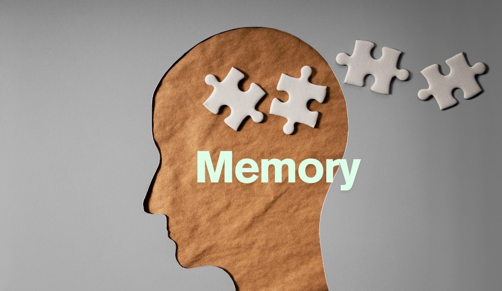 중년 뇌 건강과 에피소드 기억 개선을 상징하는 퍼즐 조각들이 흩어진 인간의 머리 실루엣 이미지 via canva