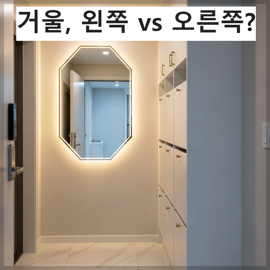 한국식 아파트 현관문을 열고 들어갔을 때 왼쪽 벽면에 골드 프레임의 팔각 거울이 걸려있고 조명이 비추는 밝은 현관 모습
