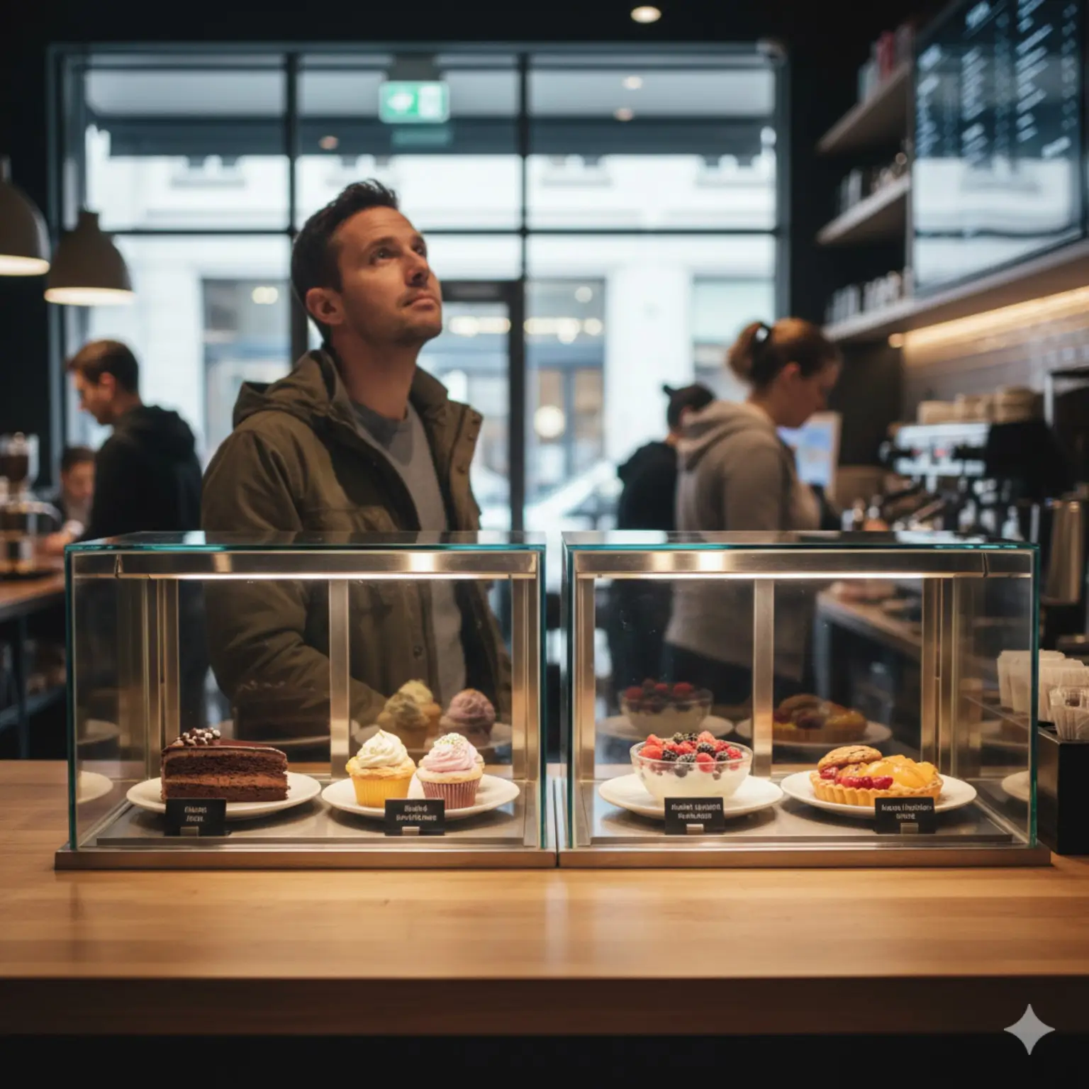 카페 진열대에서 다양한 디저트 앞에 서서 선택을 고민하는 소비자의 모습